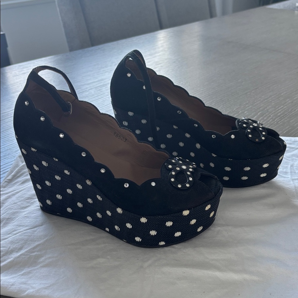 Sonia Rykiel Black and White Polka Dot Wedge Heels with Bow